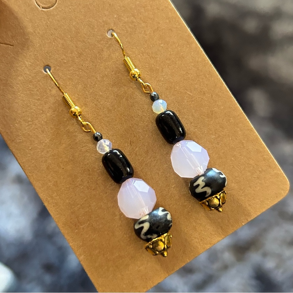 Handcrafted elegant vintage bead cat eye glass barrel faceted hematite earrings